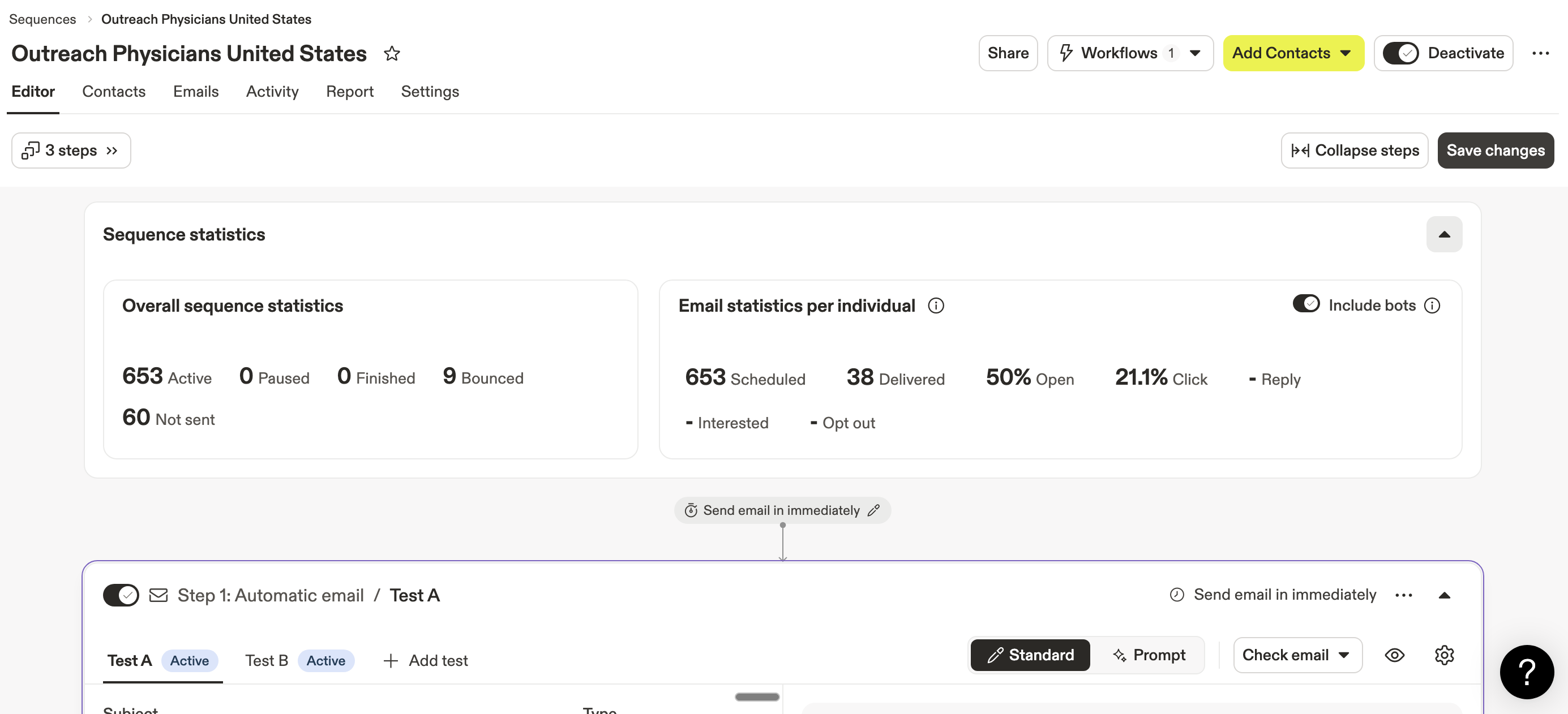 Apollo.io outreach sequence dashboard configured for deterministic physician outreach 3